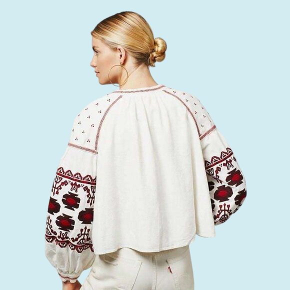 Free People Swing Jacket Women's Size Large Off White Red Boho Embroidered Top - Picture 4 of 16